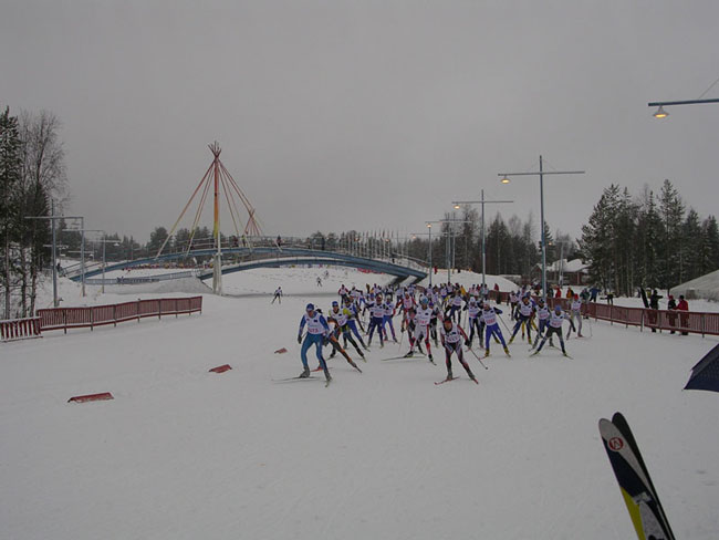 Ounasvaara Ski Stadion, Rovaniemi, Finland.   Masters gruppe start.