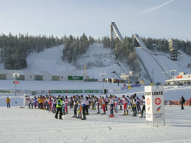 Ounasvaara Ski Stadion, Rovaniemi, Finland.   Masters gruppe start.